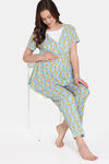 Zivame Maternity Retro Flowers Knit Cotton Pyjama Set - Cyan Blue — thumbnail 4